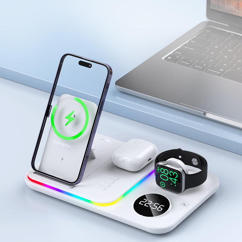 JJT-A82 Folding Cell Phone Wireless Charger RGB Lights Multifunction Headphone Watch Charging Station with Clock