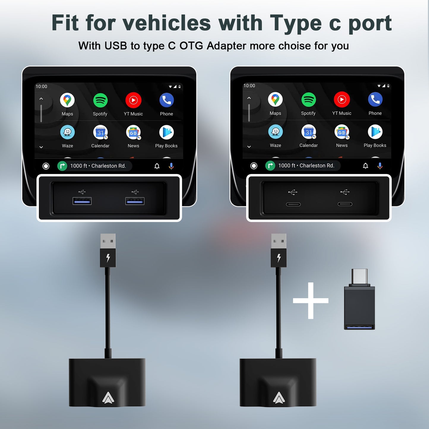 THT-020-3+ Wireless Android Auto Adapter Wired to Wireless CarPlay Converter Support USB and Type-C Port