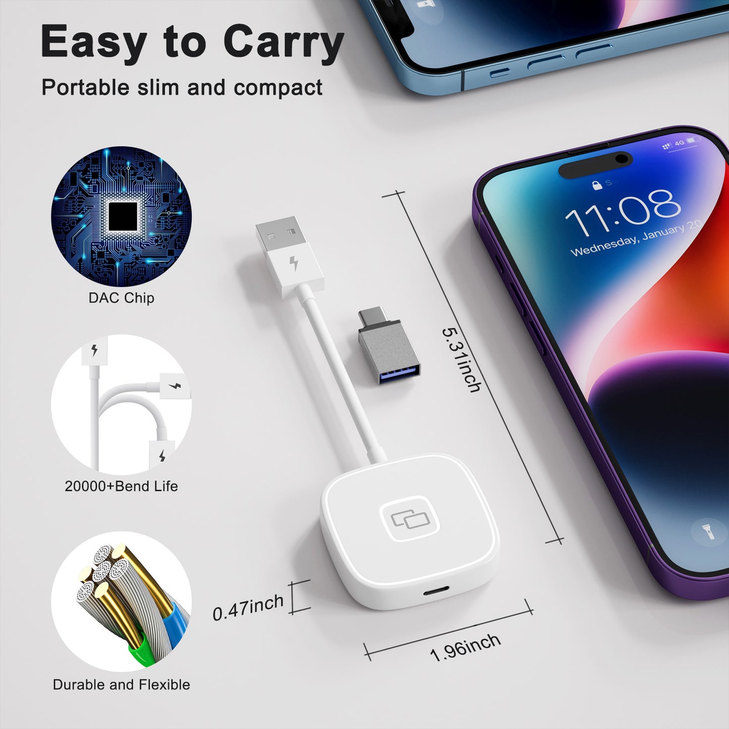THT-020-7 Car Mirror Adapter AI BOX for iPhone Carplay to Car Display Adapter with USB-C Adapter, Wired Carplay Mirror Dongle