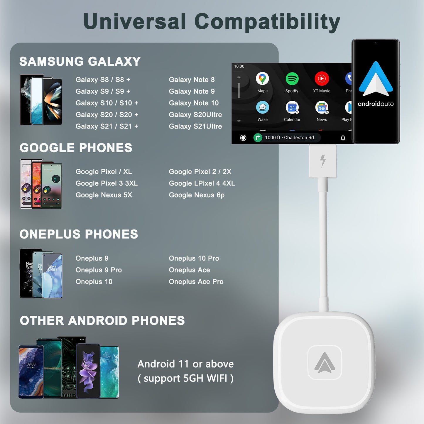 THT-020-4+ Wireless CarPlay Adapter Wired to Wireless Android Auto CarPlay Converter Support USB / Type-C Interface