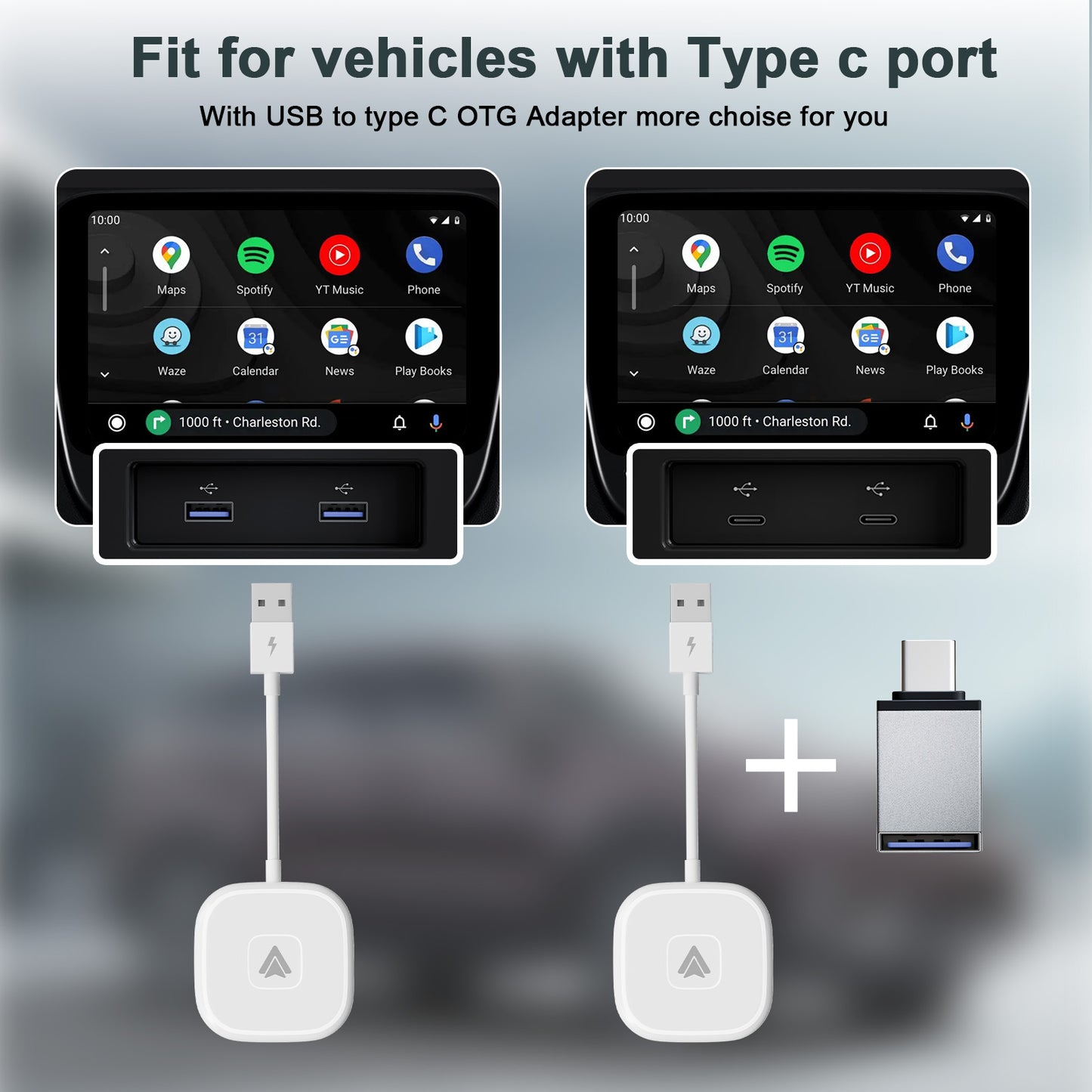 THT-020-4+ Wireless CarPlay Adapter Wired to Wireless Android Auto CarPlay Converter Support USB / Type-C Interface