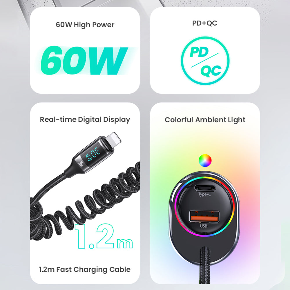 USAMS US-CC193 C37 60W Fast Charging Car Charger Type-C + USB Dual Port Charger with PD 30W Cable for iPhone