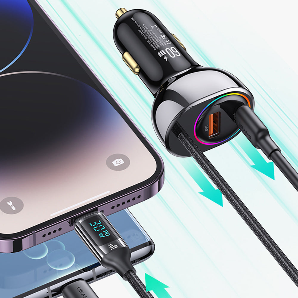 USAMS US-CC193 C37 60W Fast Charging Car Charger Type-C + USB Dual Port Charger with PD 30W Cable for iPhone