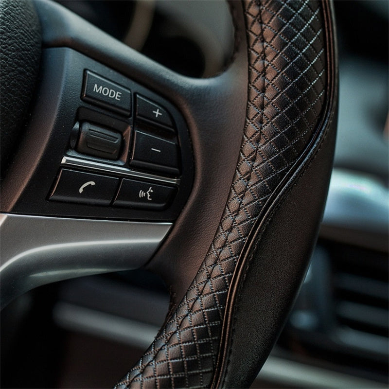 Universal 38cm Car Steering Wheel Cover Embossing Genuine Cow Leather Wheel Sleeve Protector, Round Type