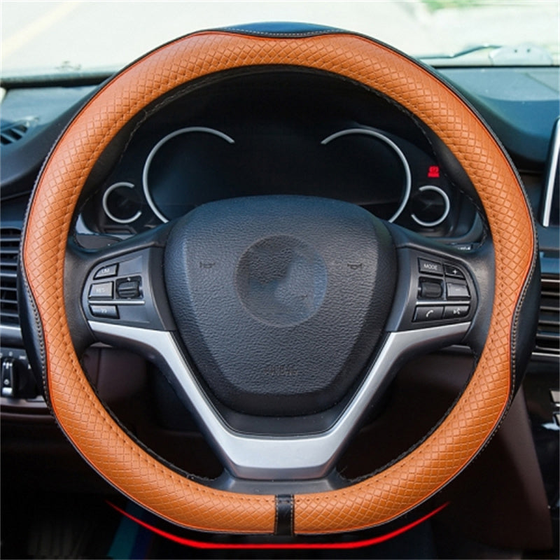 38cm Anti-Slip Embossing Genuine Cow Leather Car Steering Wheel Cover, D Type