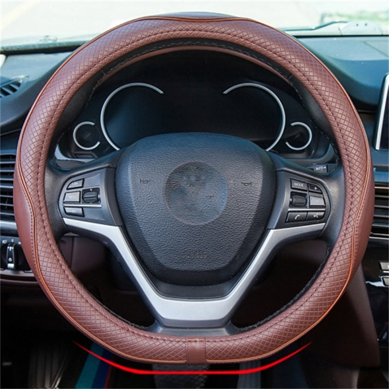 38cm Anti-Slip Embossing Genuine Cow Leather Car Steering Wheel Cover, D Type