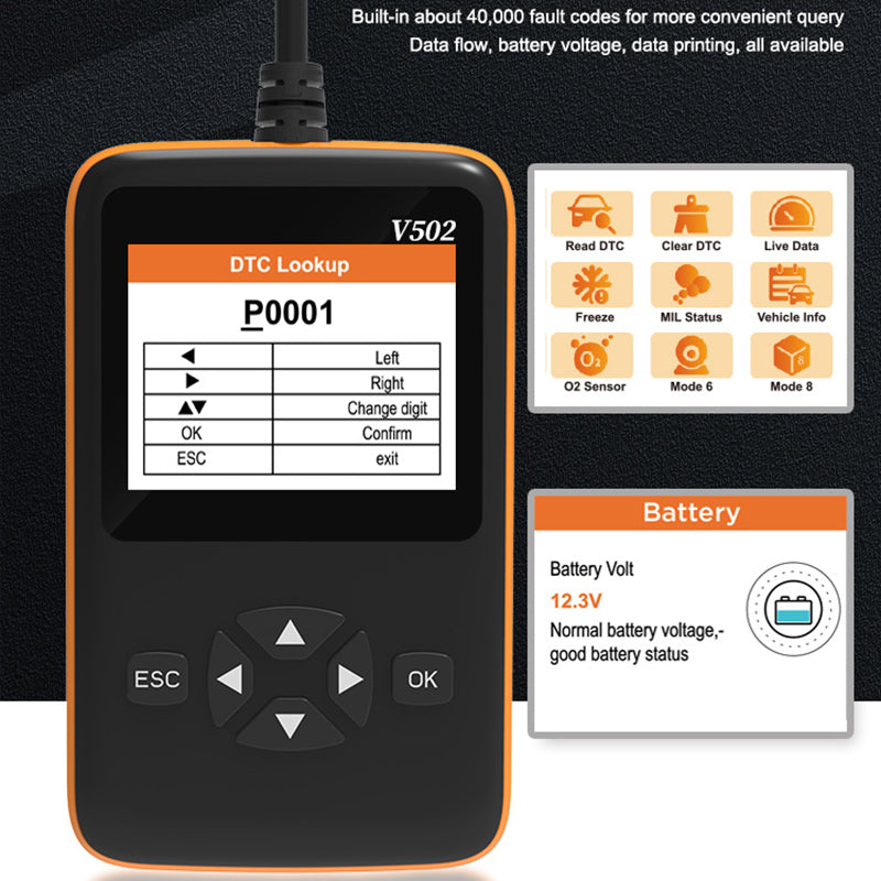 V502 9V-36V Car Fault Code Reader ELM327 OBD2 Automobile Vehicle Engine Diagnostic Tool