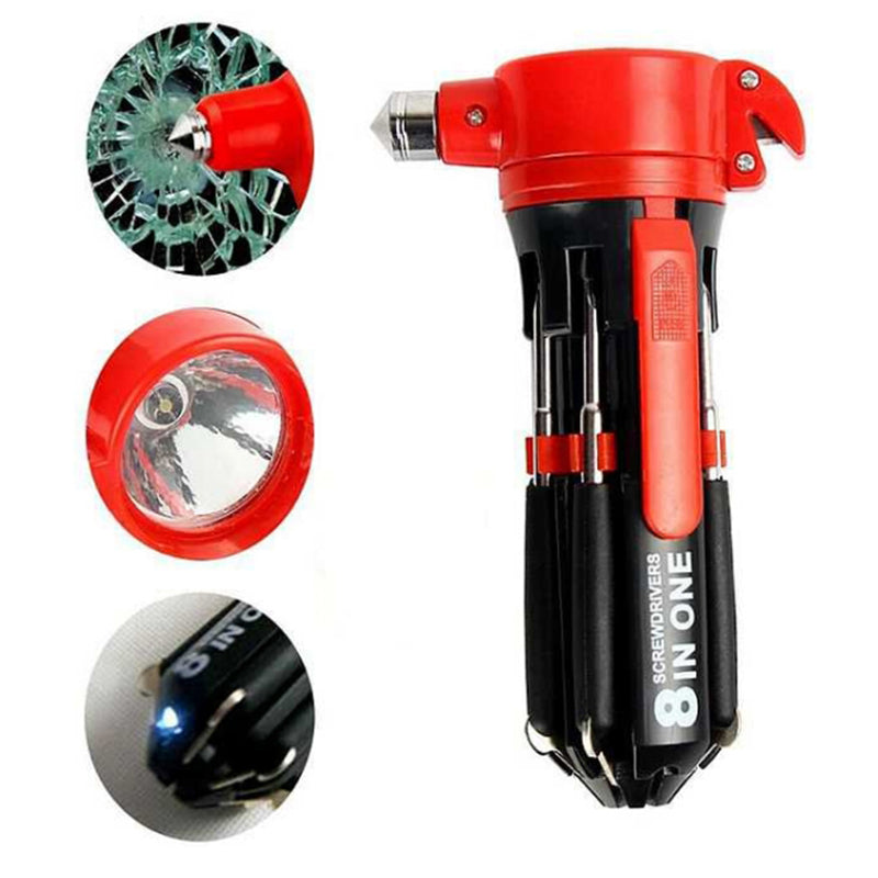 8 in 1 Car Safety Hammer with Seat Belt Cutter Multifunctional Screwdrivers Car Tools with LED Light