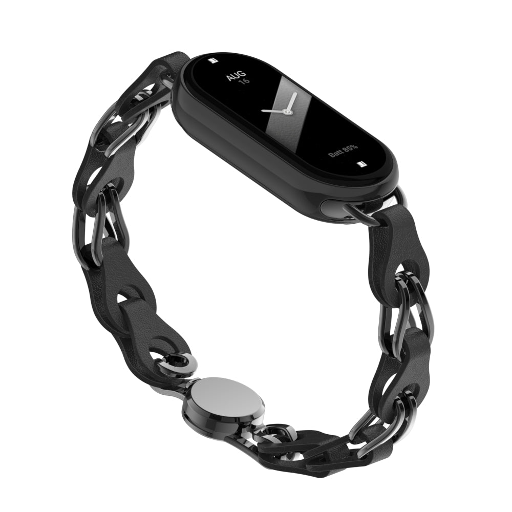 For Xiaomi Smart Band 8 Magnetic Watch Band Genuine Cow Leather+Aluminum Alloy Chain Bracelet