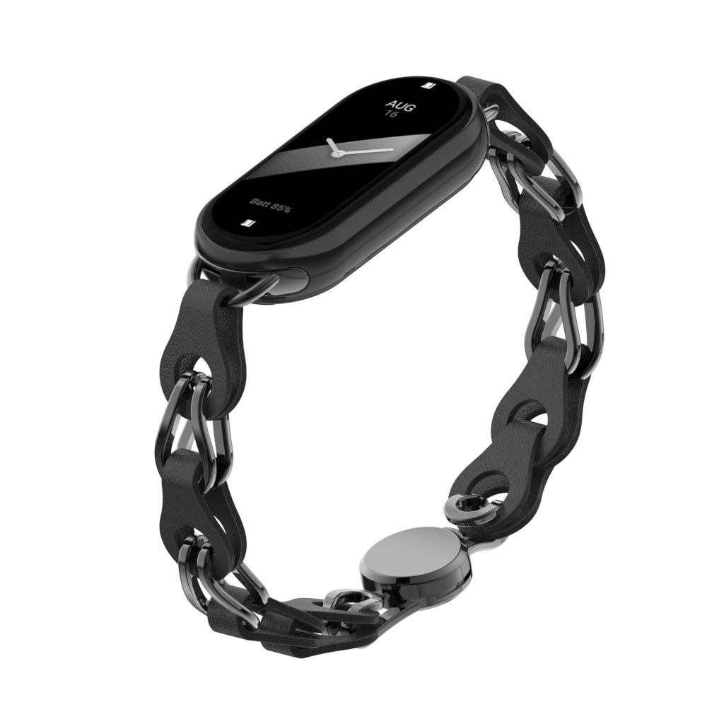 For Xiaomi Smart Band 8 Magnetic Watch Band Genuine Cow Leather+Aluminum Alloy Chain Bracelet