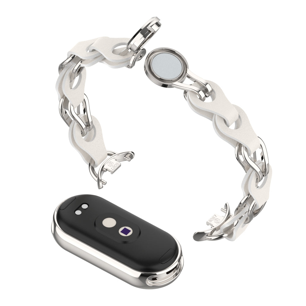 For Xiaomi Smart Band 8 Magnetic Watch Band Genuine Cow Leather+Aluminum Alloy Chain Bracelet