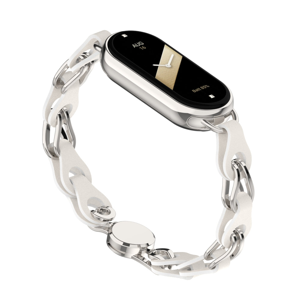 For Xiaomi Smart Band 8 Magnetic Watch Band Genuine Cow Leather+Aluminum Alloy Chain Bracelet