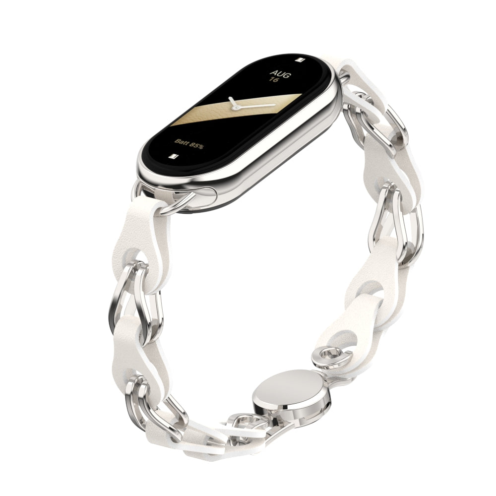 For Xiaomi Smart Band 8 Magnetic Watch Band Genuine Cow Leather+Aluminum Alloy Chain Bracelet