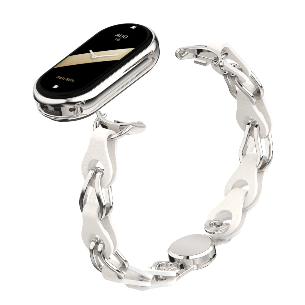 For Xiaomi Smart Band 8 Magnetic Watch Band Genuine Cow Leather+Aluminum Alloy Chain Bracelet
