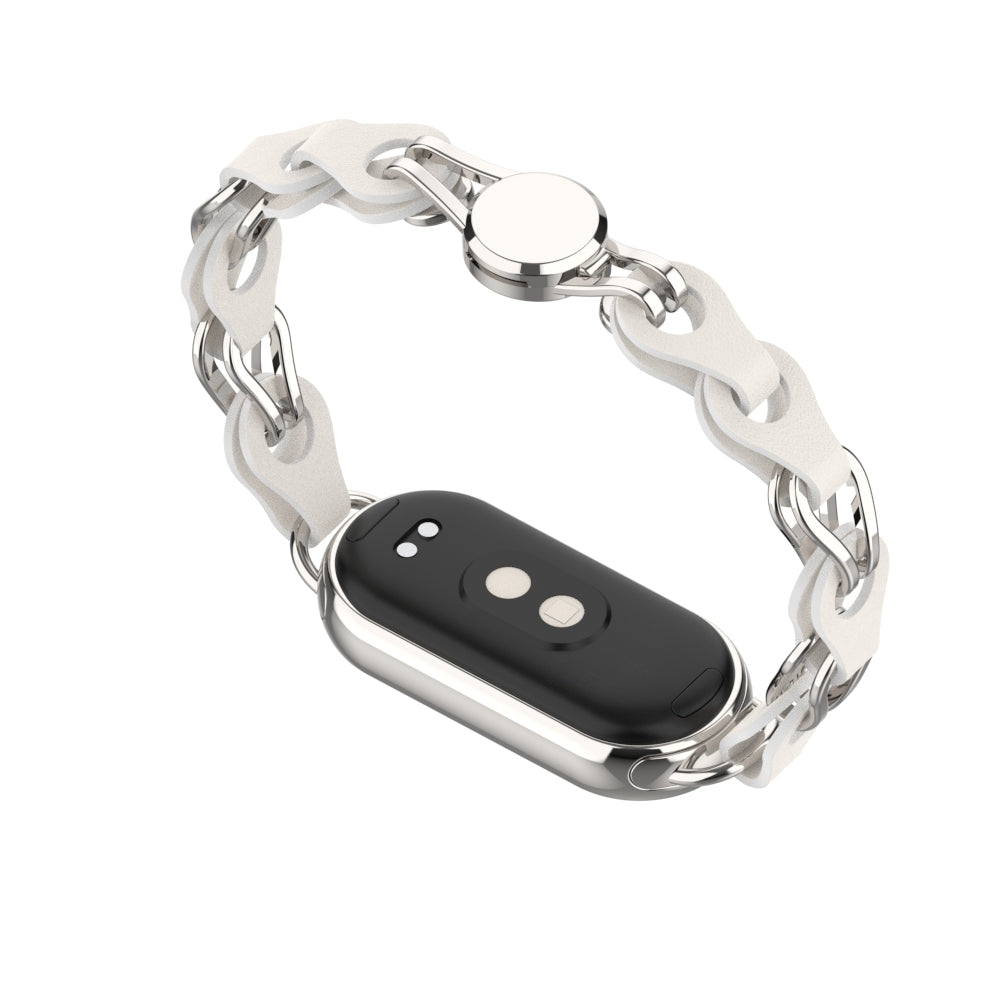 For Xiaomi Smart Band 8 Magnetic Watch Band Genuine Cow Leather+Aluminum Alloy Chain Bracelet