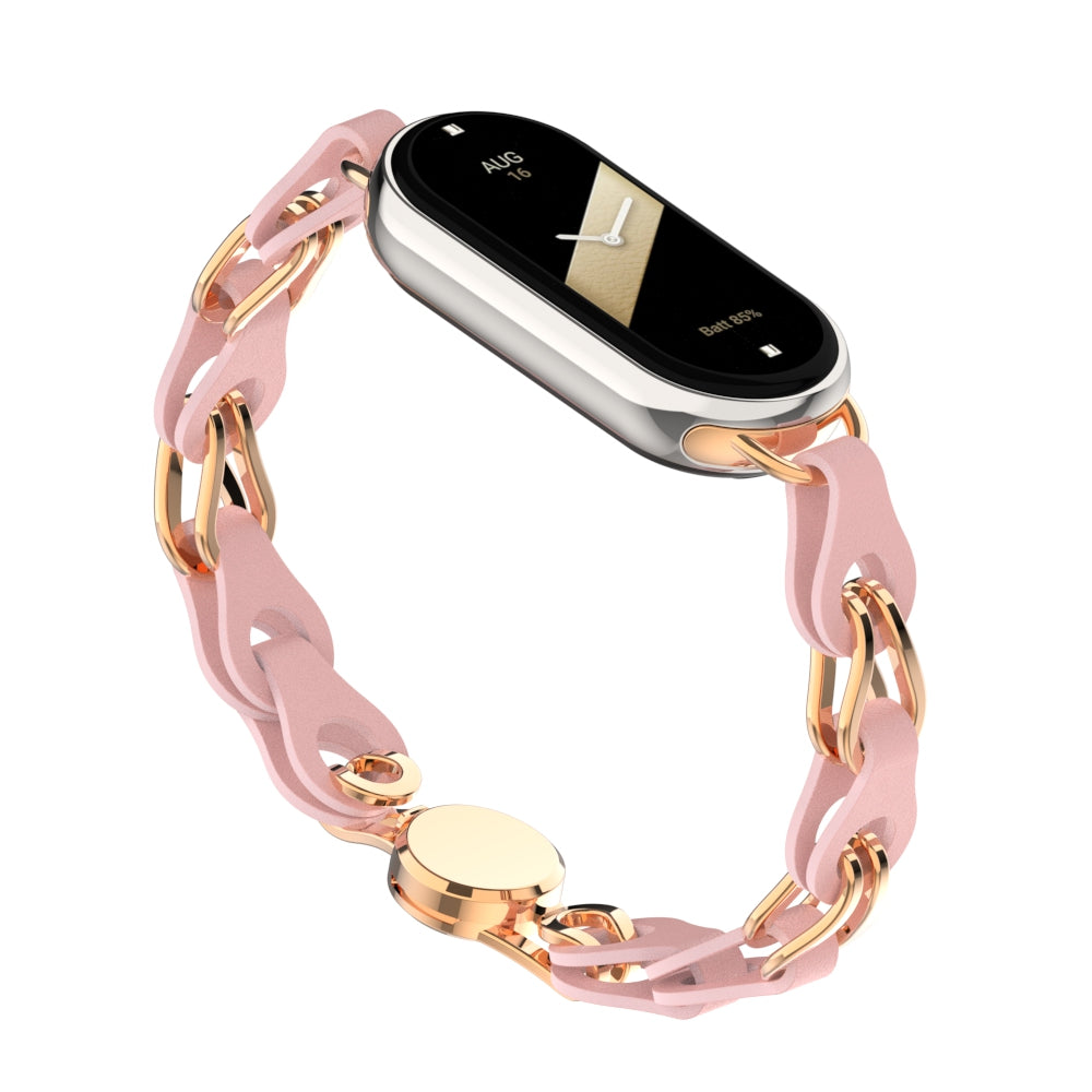 For Xiaomi Smart Band 8 Magnetic Watch Band Genuine Cow Leather+Aluminum Alloy Chain Bracelet