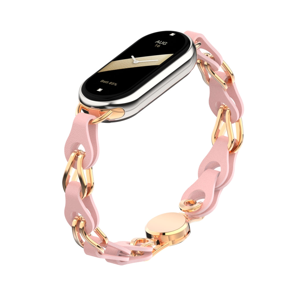 For Xiaomi Smart Band 8 Magnetic Watch Band Genuine Cow Leather+Aluminum Alloy Chain Bracelet