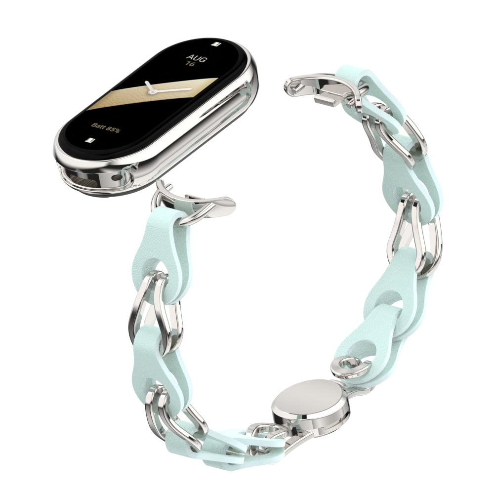 For Xiaomi Smart Band 8 Magnetic Watch Band Genuine Cow Leather+Aluminum Alloy Chain Bracelet