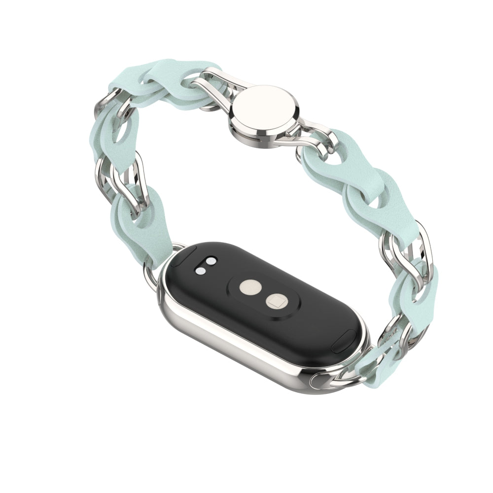 For Xiaomi Smart Band 8 Magnetic Watch Band Genuine Cow Leather+Aluminum Alloy Chain Bracelet