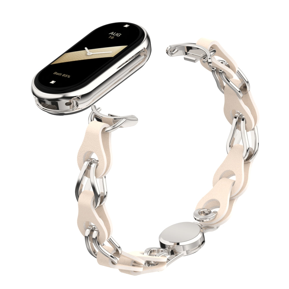 For Xiaomi Smart Band 8 Magnetic Watch Band Genuine Cow Leather+Aluminum Alloy Chain Bracelet