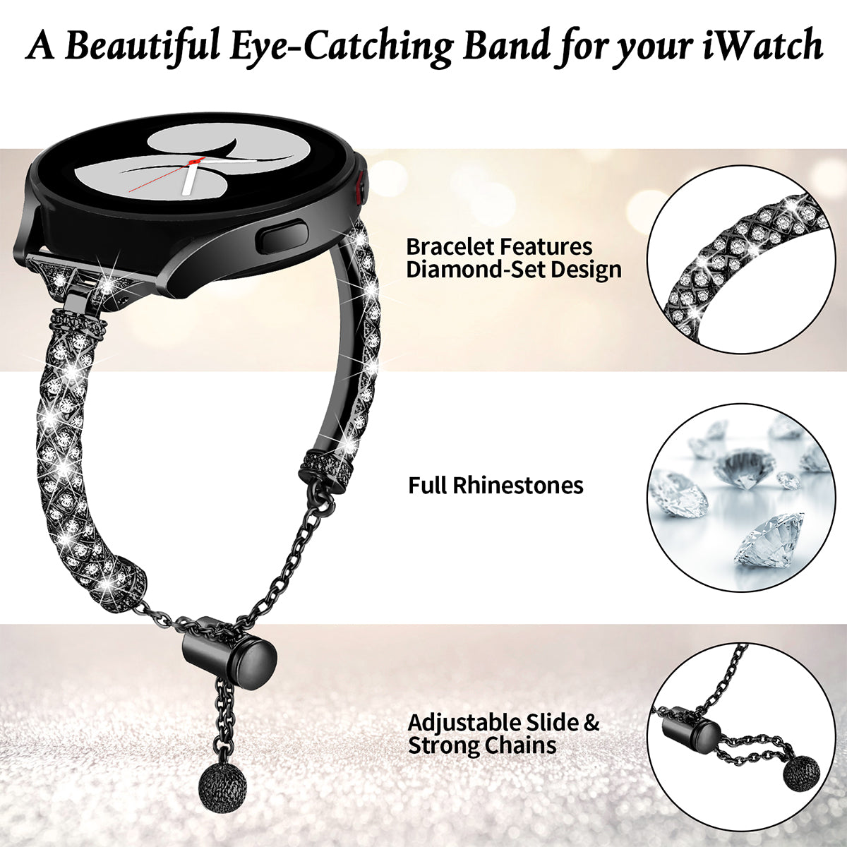 For Samsung Galaxy Watch Active / Watch Active2 44mm / Active2 40mm Rhinestone Jewelry Watch Strap 20mm Sliding Metal Wrist Band