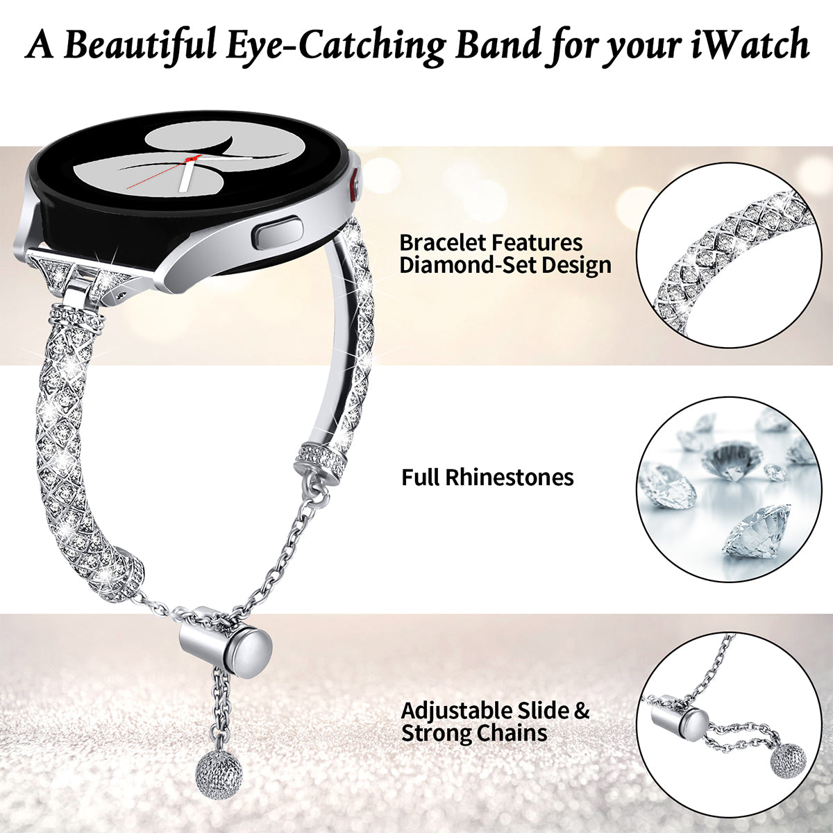 For Samsung Galaxy Watch Active / Watch Active2 44mm / Active2 40mm Rhinestone Jewelry Watch Strap 20mm Sliding Metal Wrist Band