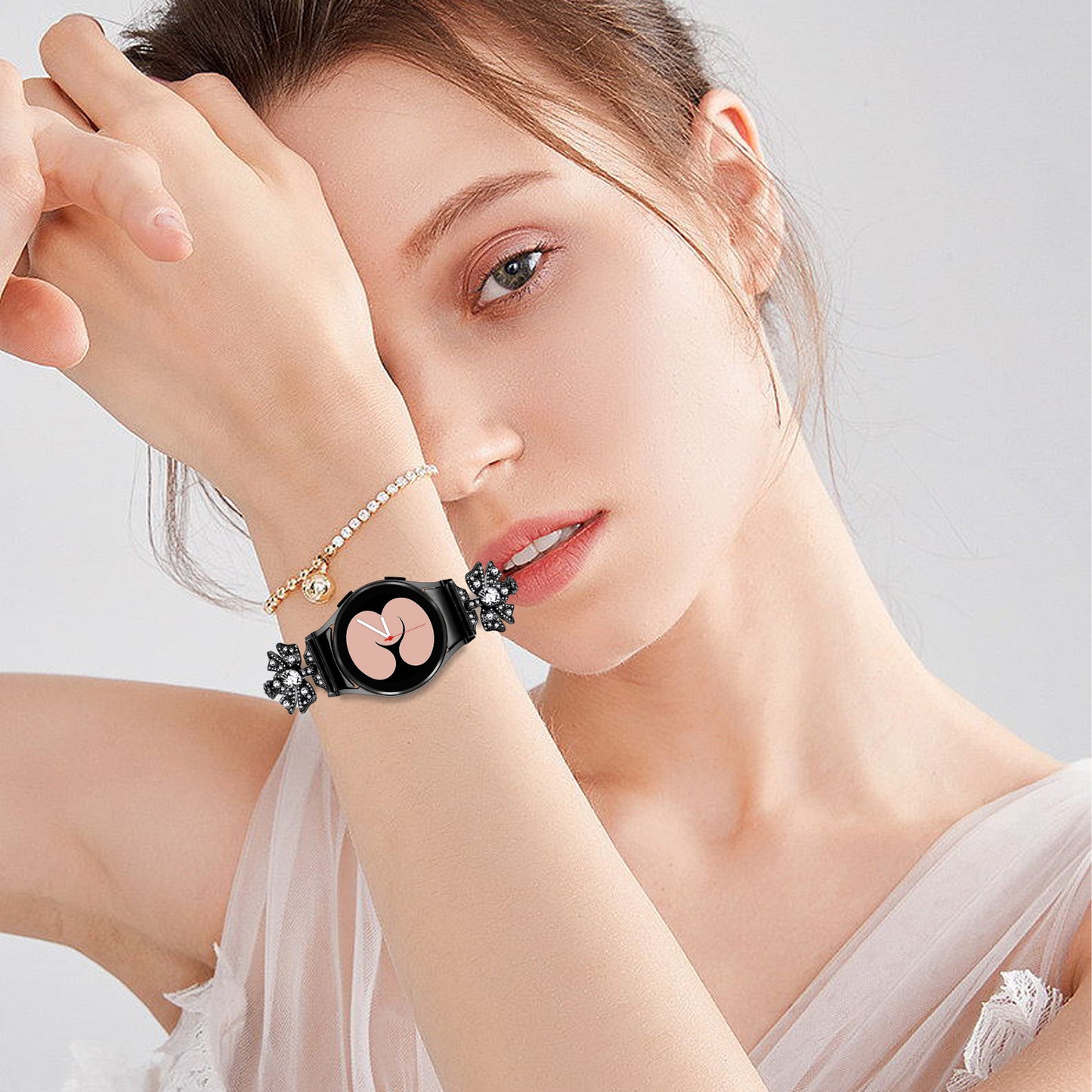For Samsung Galaxy Watch6 40 / 44mm / Watch6 Classic 43 / 47mm Stainless Steel Watch Strap 20mm Rhinestone Bowknot Watchband