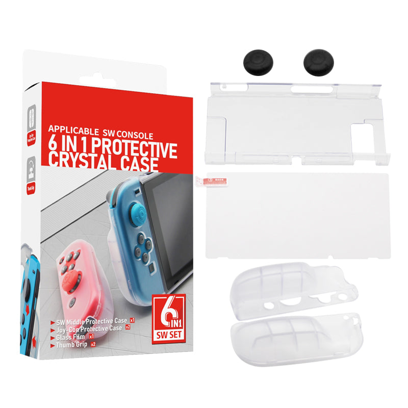 SW369 6-in-1 Clear Case Kit for Nintendo Switch , Anti-Scratch Shell Cover with Screen Protector and Grip Caps
