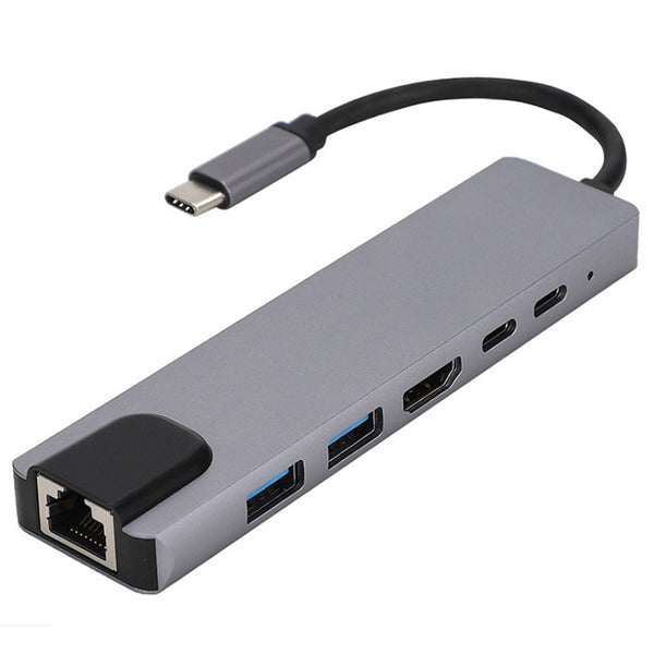 6-in-1 Type-C Hub Multifunctional Docking Station 4K UHD USB-C Adapter to USB 2.0, 87W Type-C, 100Mbps Ethernet