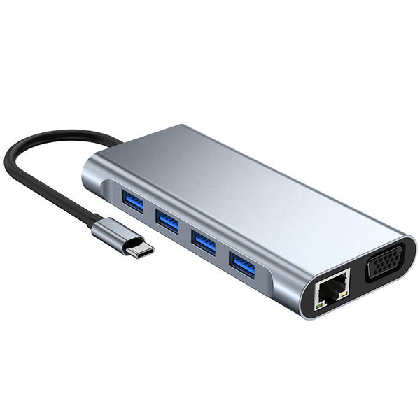11-in-1 Type-C Docking Station USB-C Hub Adapter HD+100MB Gigabit+VGA+4 USB+TF / SD+AUX+PD Type-C Converter
