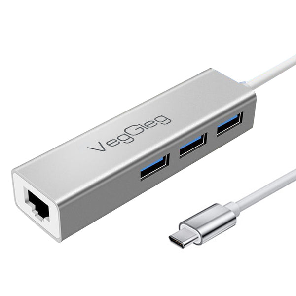 VEGGIEG U3J-3C Type-C Docking Station 3.0 RJ45 Gigabit USB-C Hub Adapter with 3 USB Ports Alloy Version