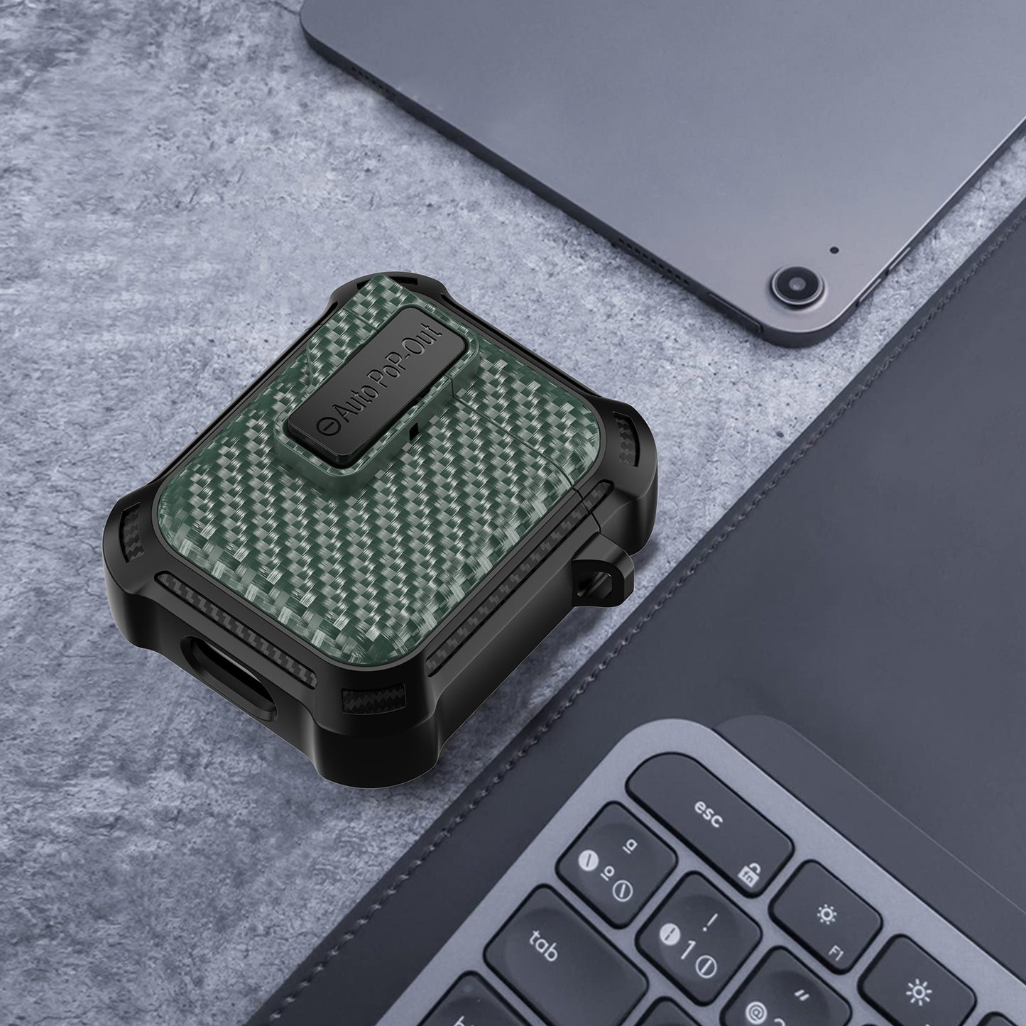 For Apple AirPods 1 / 2 Pressing Buckle Protective Case Carbon Fiber Texture TPU+PC Earphone Cover