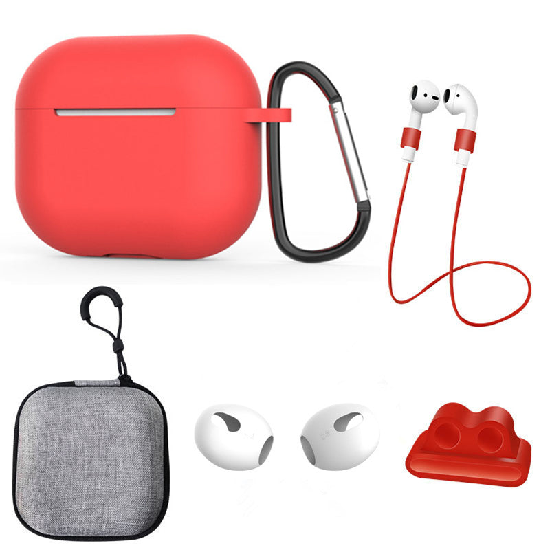 For Apple AirPods 3 6-in-1 Silicone Case Anti-lost Lanyard Watch Band Holder Ear Hanger Ear Cap Storage Box