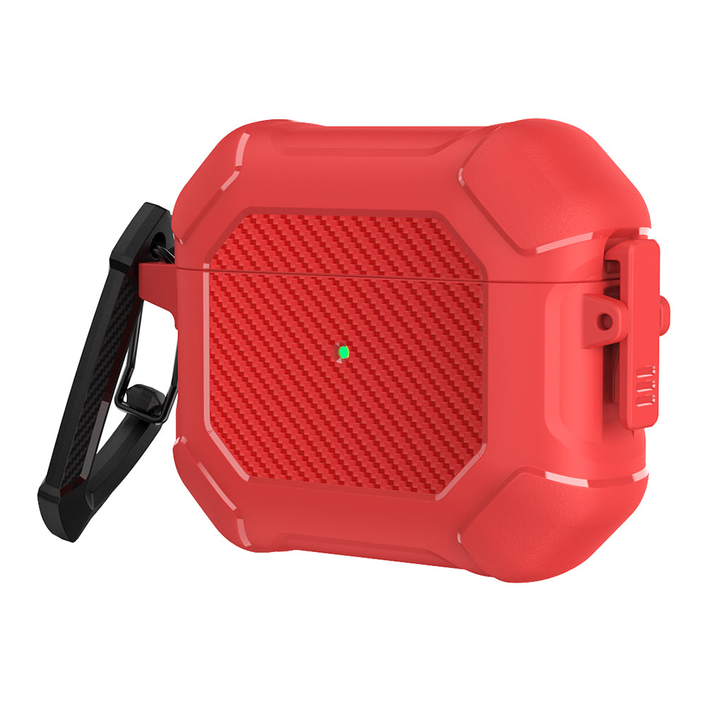 For AirPods 3 Earphone Protective Cover TPU+PC Carbon Fiber Texture Shockproof Case with Carabiner