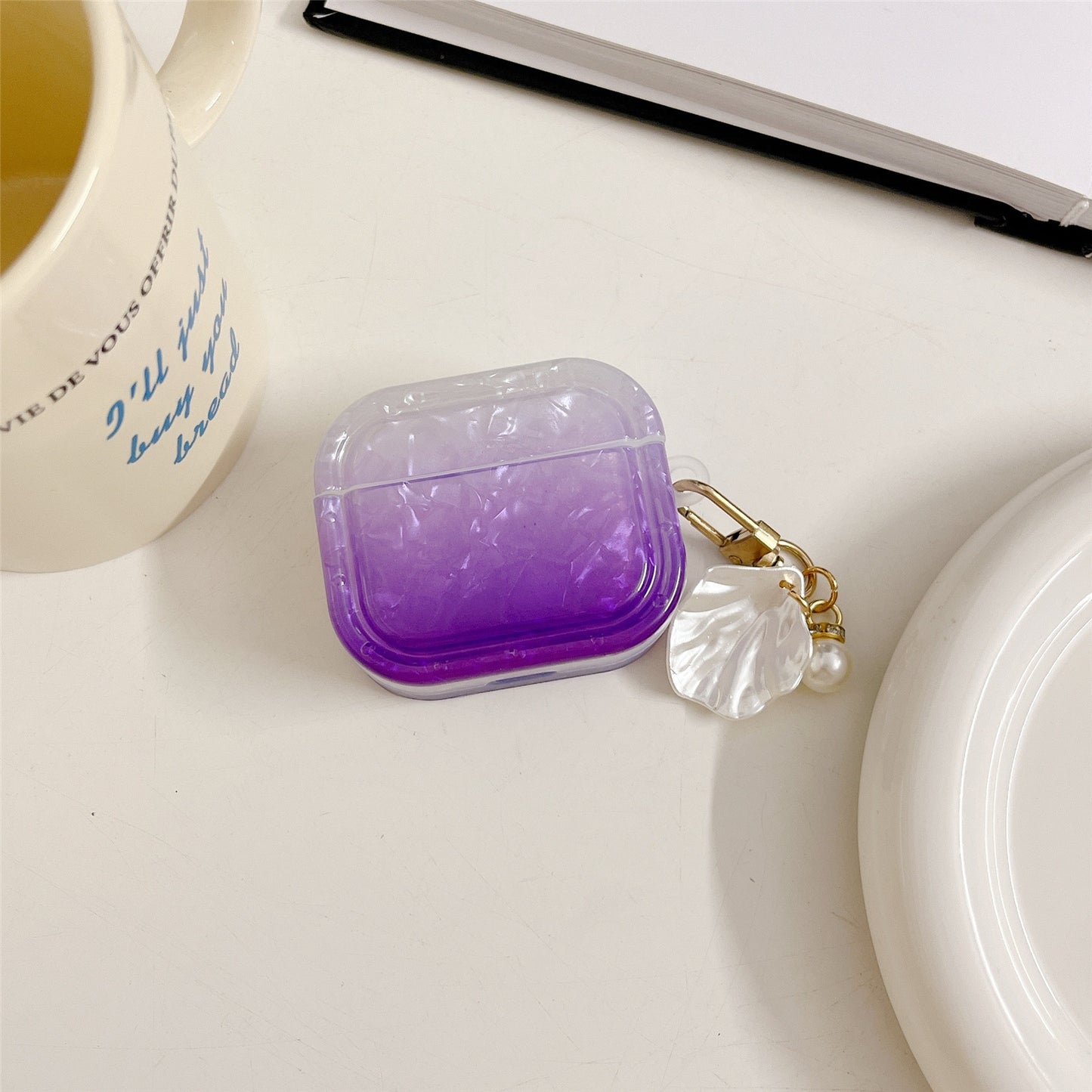 Gradient Shell Grain Earphone Cover for Apple AirPods Pro , Soft TPU Square Protective Case with Shell Shape Pendant