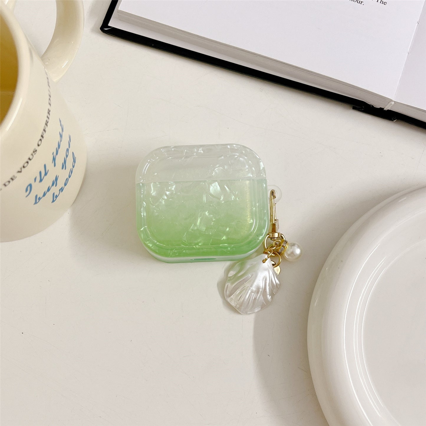 Gradient Shell Grain Earphone Cover for Apple AirPods Pro , Soft TPU Square Protective Case with Shell Shape Pendant