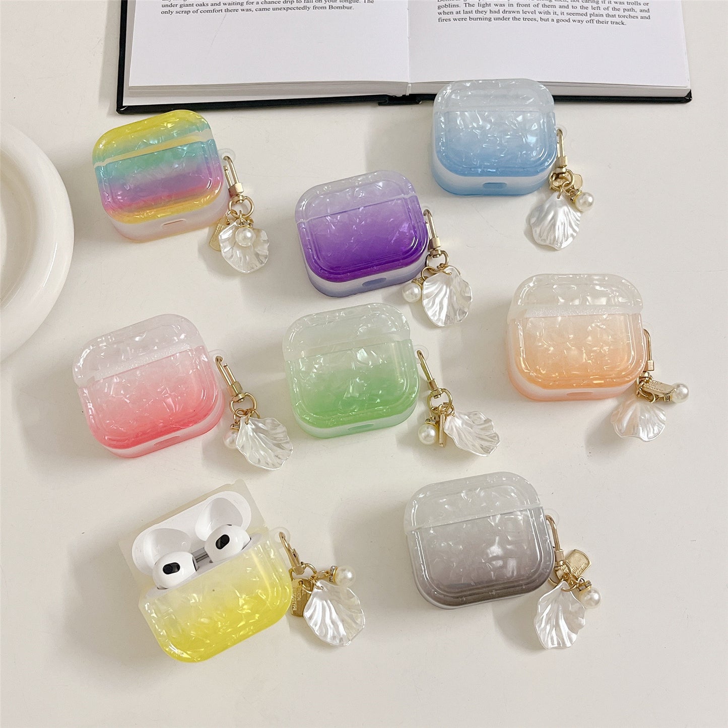 Gradient Shell Grain Earphone Cover for Apple AirPods Pro , Soft TPU Square Protective Case with Shell Shape Pendant