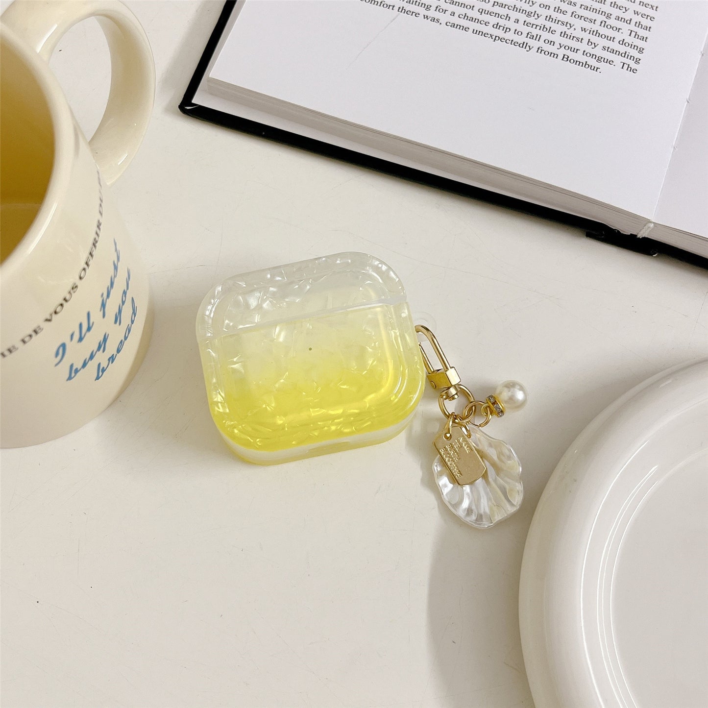 For Apple AirPods 3 Full Protective Cover Gradient Shell Grain Earphone Square TPU Case with Shell Shape Pendant