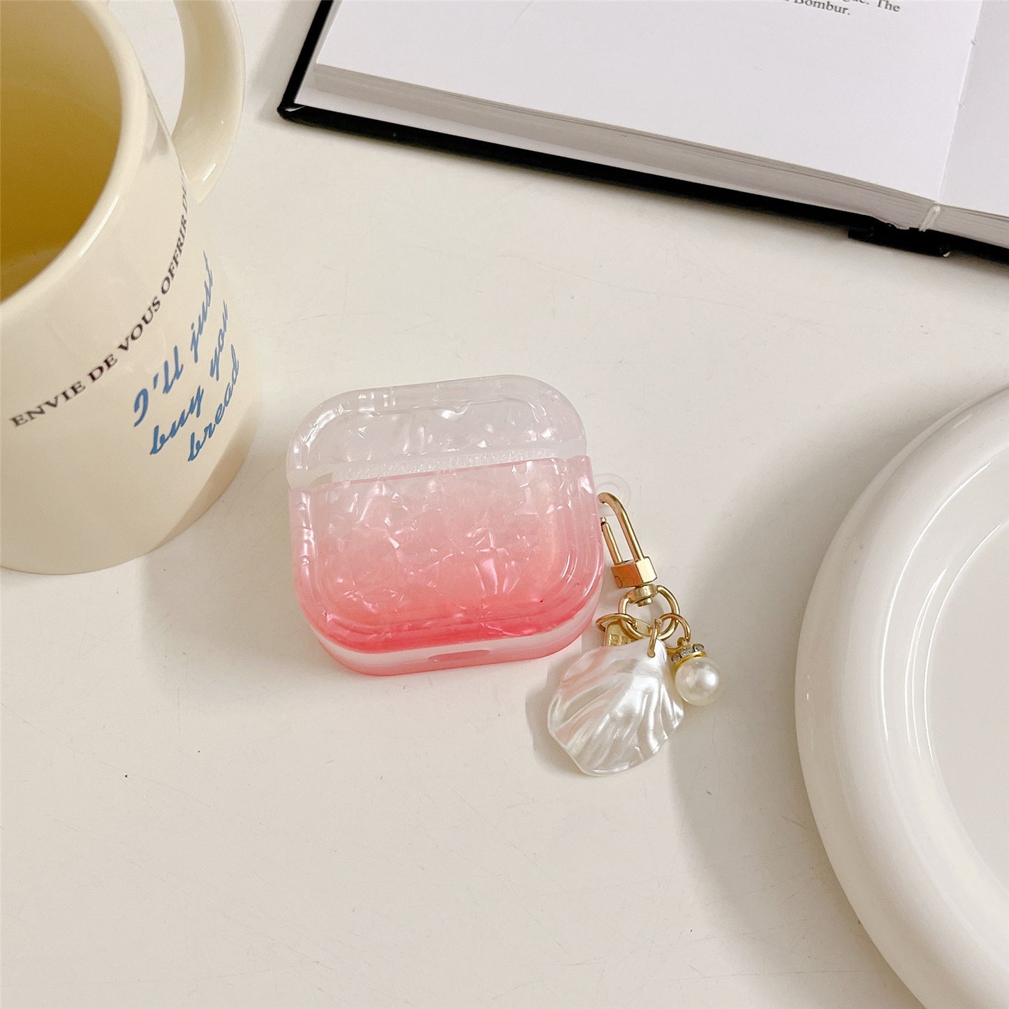 For Apple AirPods 3 Full Protective Cover Gradient Shell Grain Earphone Square TPU Case with Shell Shape Pendant