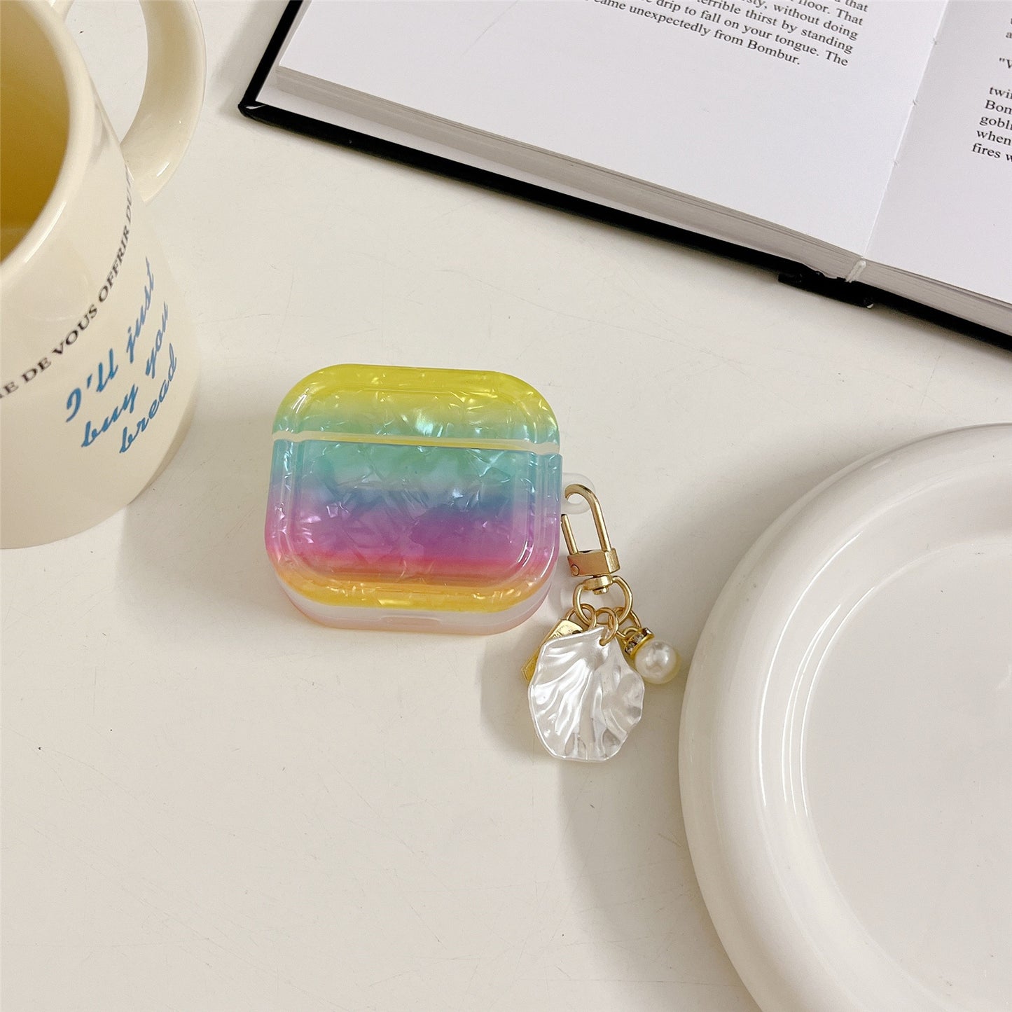 For Apple AirPods 3 Full Protective Cover Gradient Shell Grain Earphone Square TPU Case with Shell Shape Pendant
