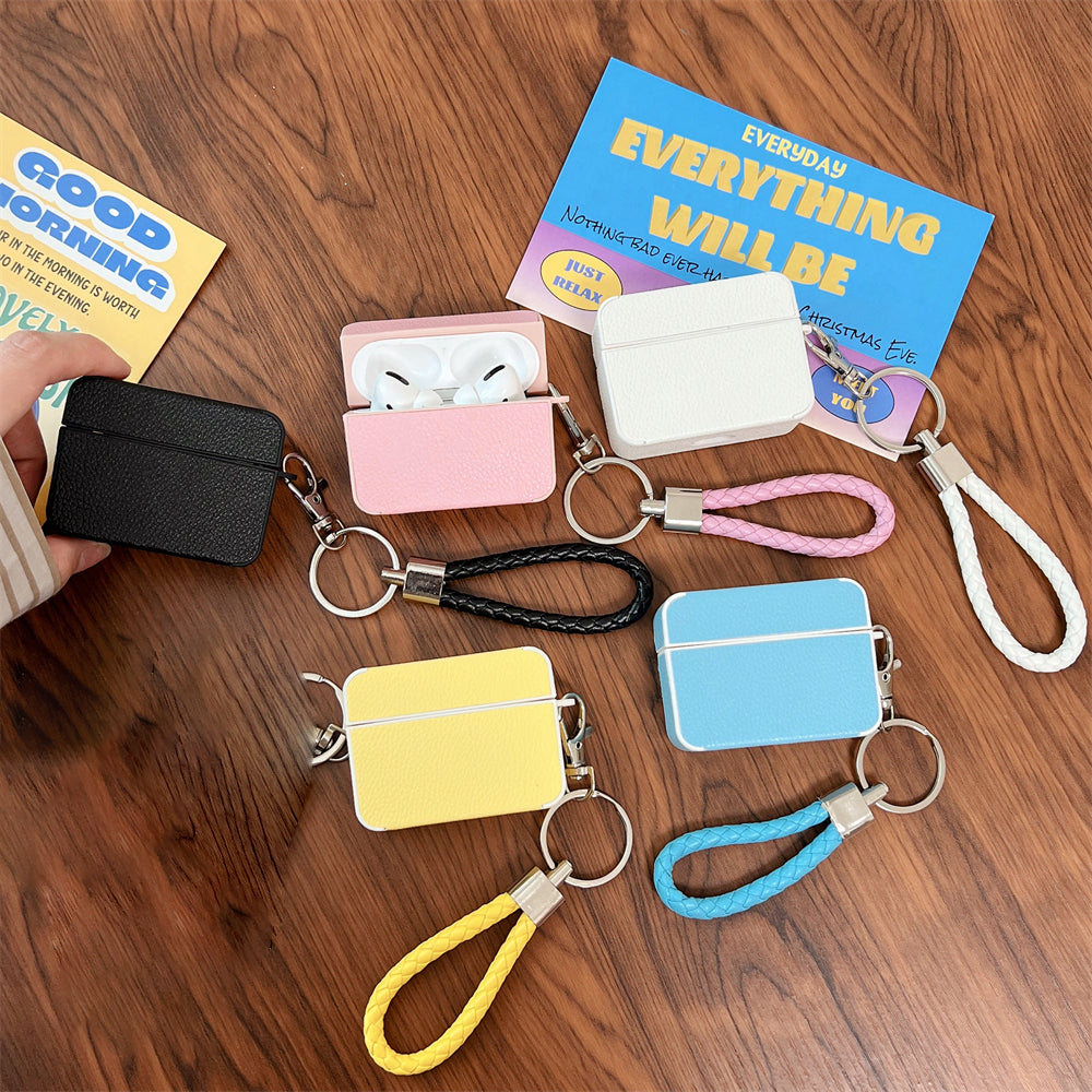 For Apple AirPods Pro Charging Case Cover Litchi Texture PU+TPU Protective Headset Case with Strap