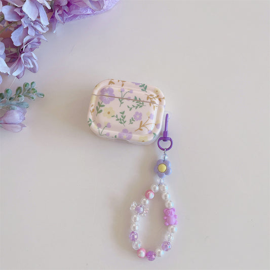 For Apple AirPods Pro Bluetooth Earphone Case IMD Purple Flower Earbud TPU Cover with Wrist Chain