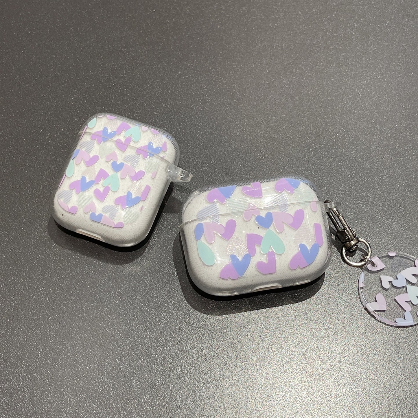 For AirPods Pro 2 Glitter TPU Earphone Case Heart Pattern Printed One-Piece Protective Cover with Pendant