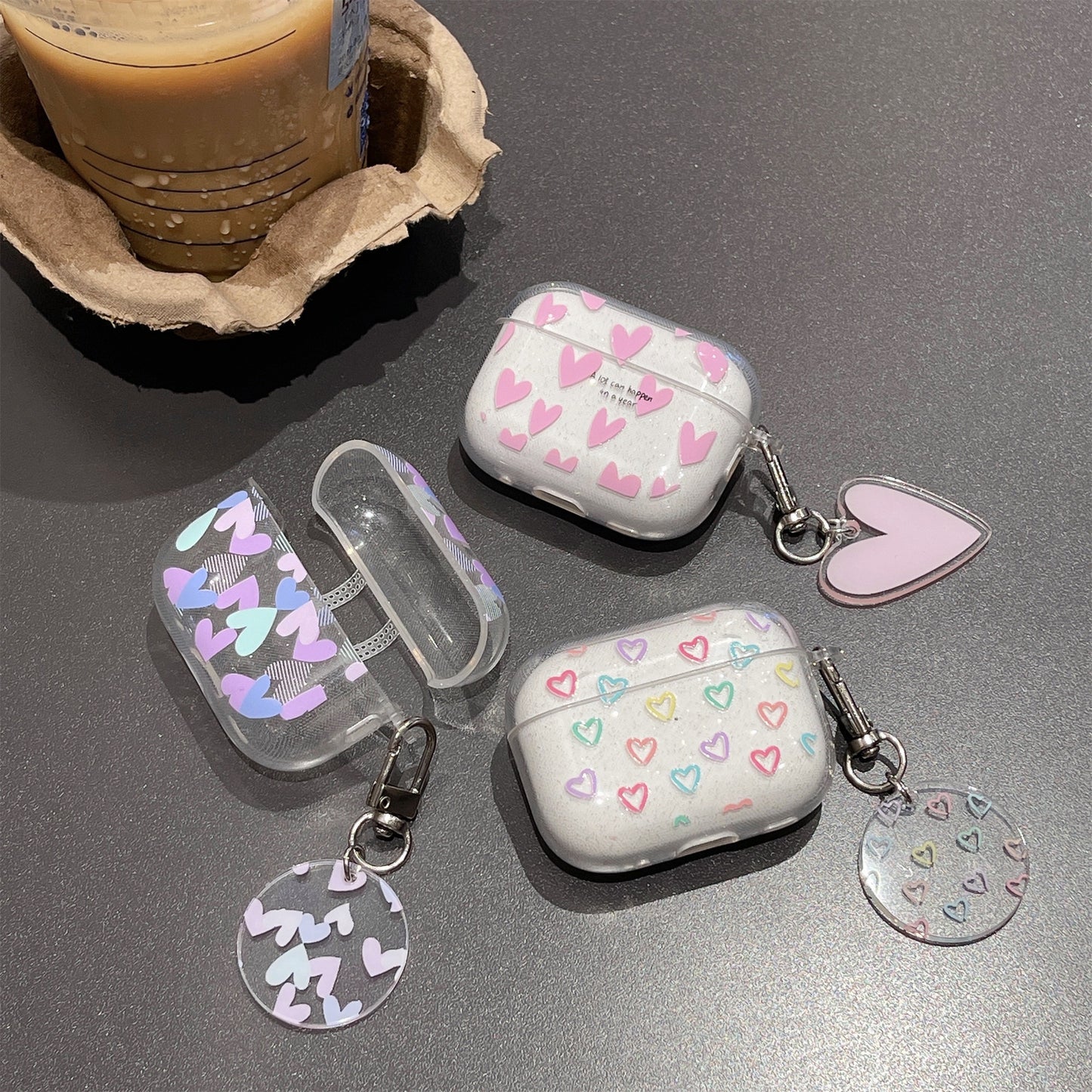 For AirPods Pro 2 Glitter TPU Earphone Case Heart Pattern Printed One-Piece Protective Cover with Pendant