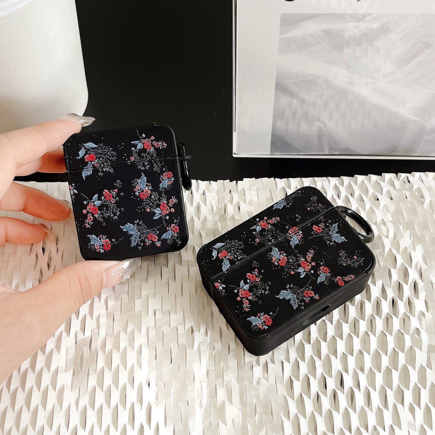 Flower Pattern Earphone Case for Apple AirPods 3 , Bluetooth Earbud Leather Coated TPU Cover with Ring Buckle