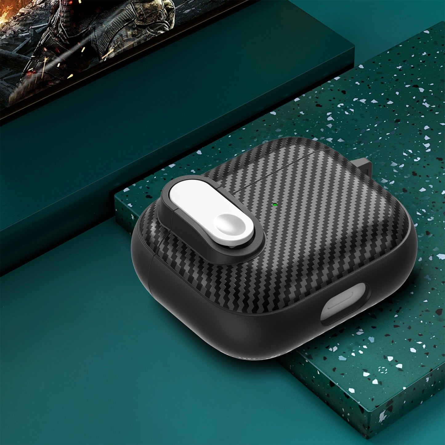 For Apple AirPods 3 TPU+PC Headset Case Buckle Design Carbon Fiber Cover with Anti Lost Hook