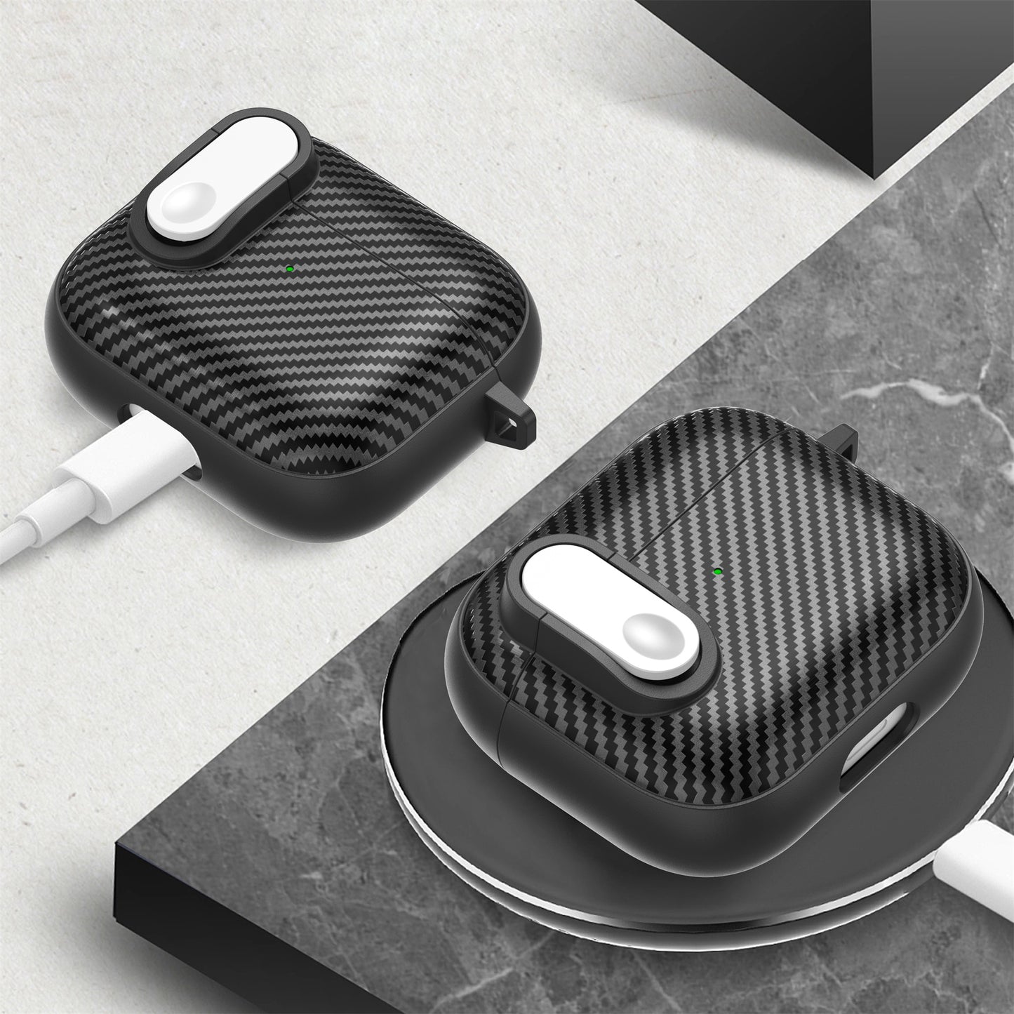 For Apple AirPods 3 TPU+PC Headset Case Buckle Design Carbon Fiber Cover with Anti Lost Hook