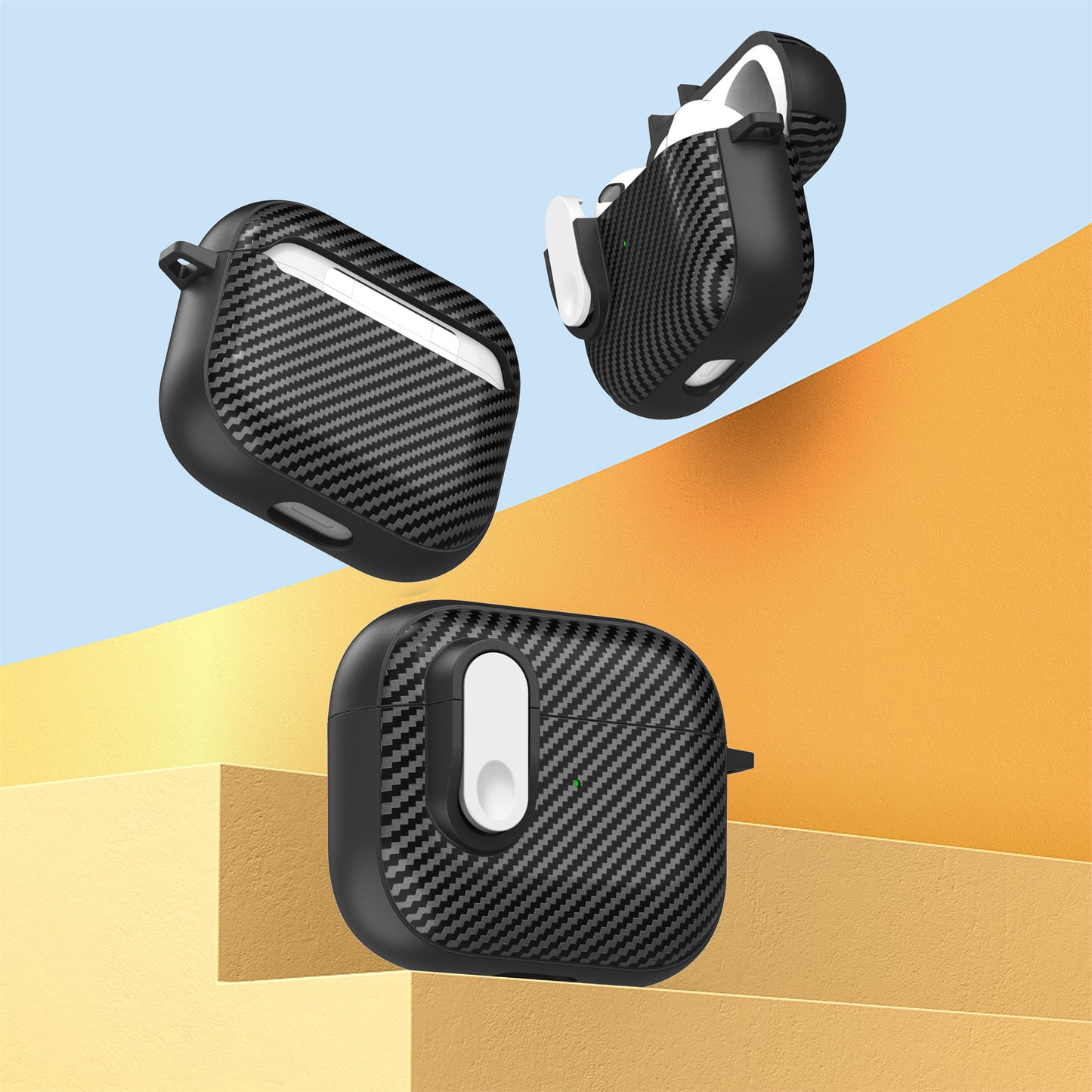 For Apple AirPods 3 TPU+PC Headset Case Buckle Design Carbon Fiber Cover with Anti Lost Hook