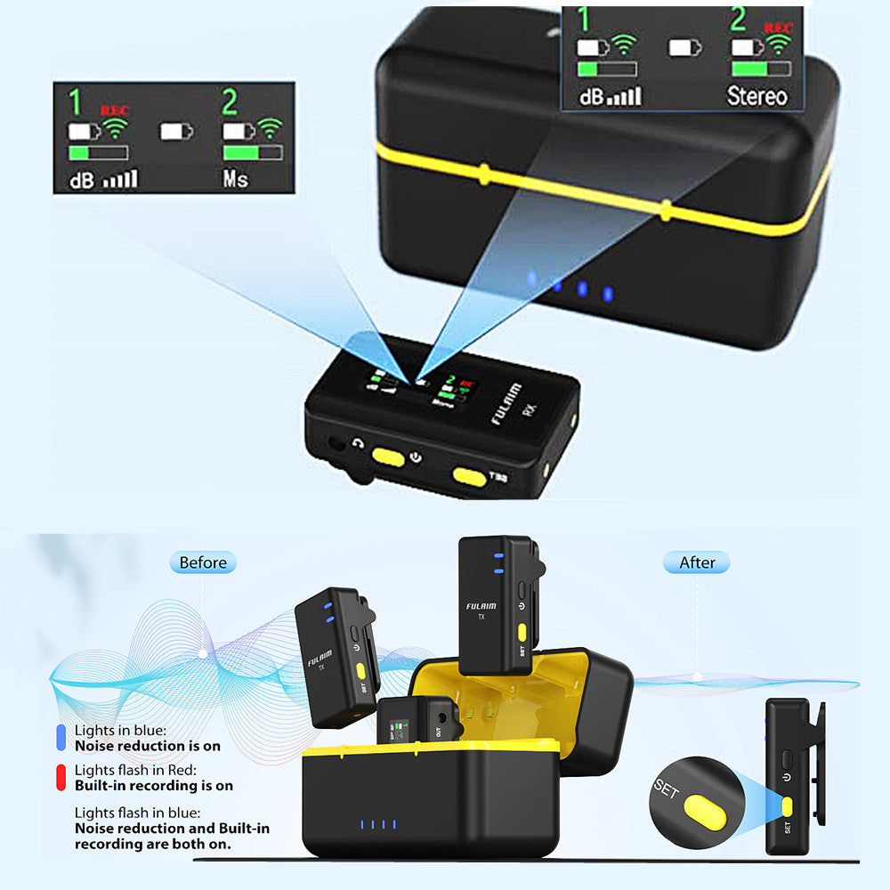 Wireless Lavalier Microphone Portable Mini Collar Clip Mic Set 2 Transmitter + Receiver with Charging Case