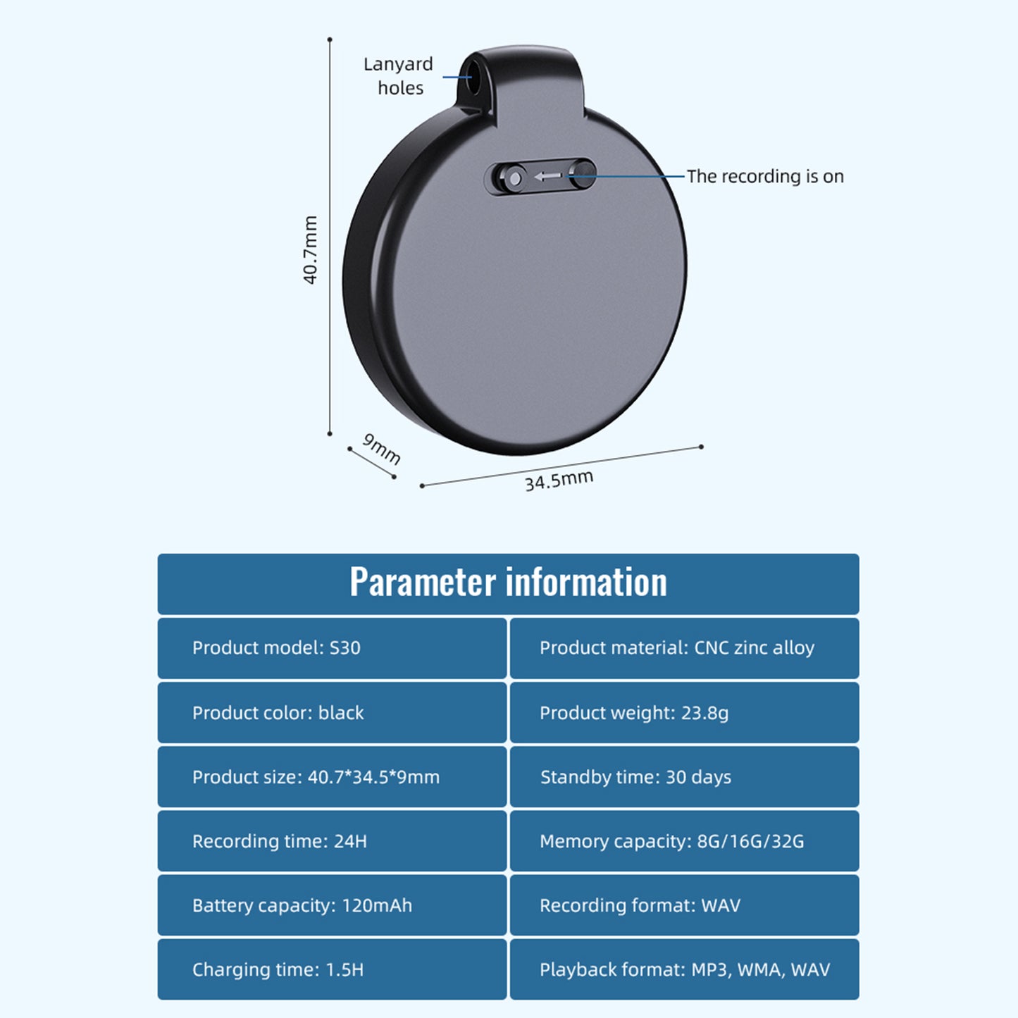 S30+ 8GB Key Holder Voice Recorder MPS Player U Disk Voice Activated Noise Reduction Audio Recorder